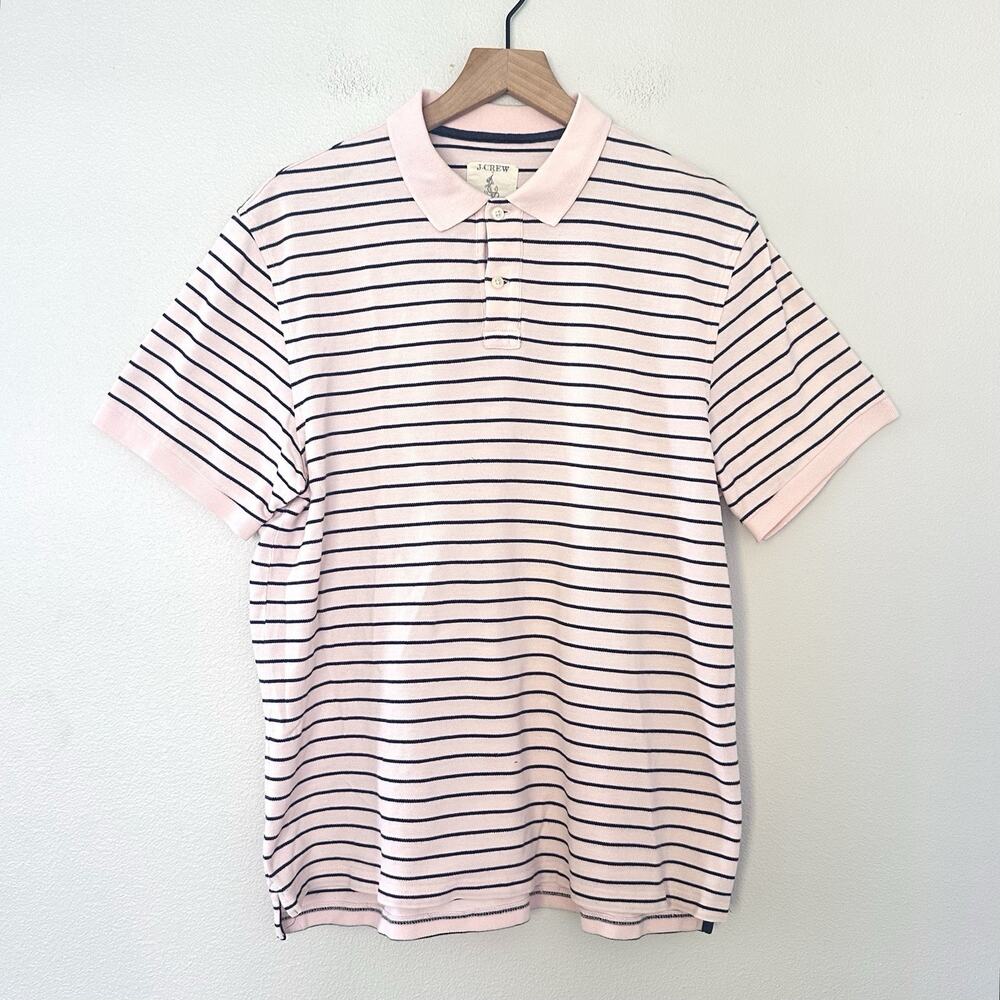J. Crew 100% Cotton Anchor Tag Polo Shirt L Pink Navy Stripe Preppy Coastal